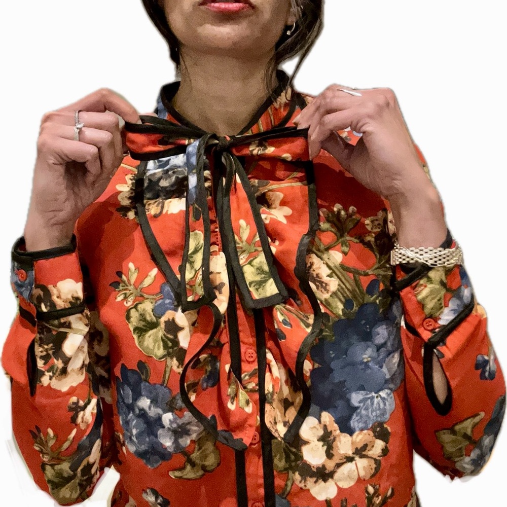 Orange Ruffled Tie Front Blouse with Long Sleeves